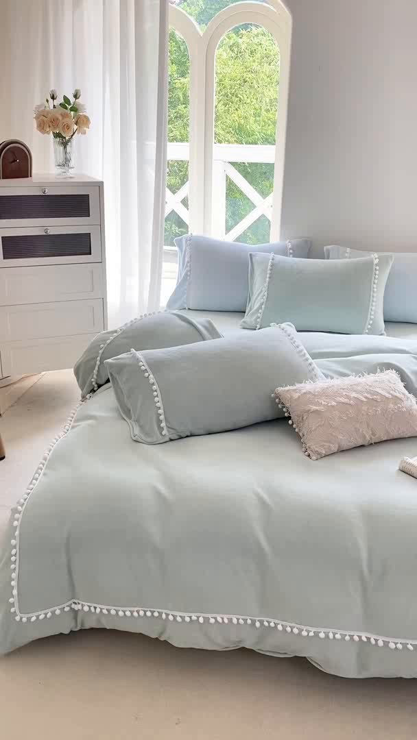 91家纺网 家纺一手货源 找家纺 七七家纺 2026新款亲肤舒适小毛球牛奶绒四件套 水绿