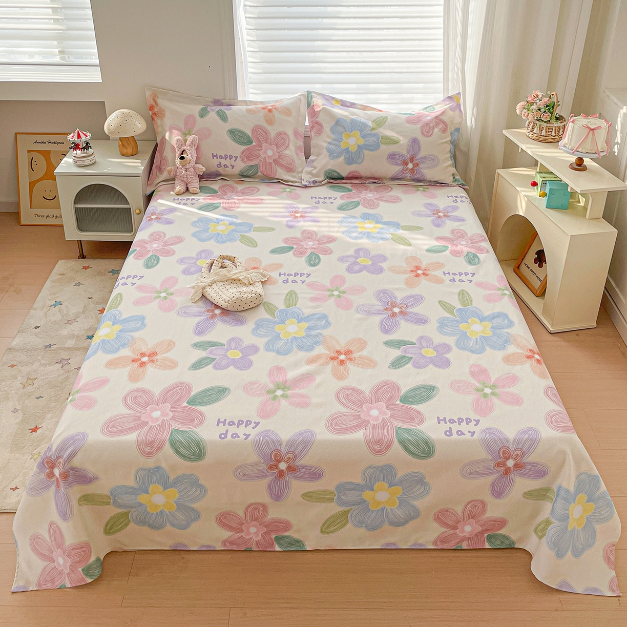 纽缦家纺 2026新款舒适透气细沙卡通印花老粗布床单凉席席子 迷彩花瓣-米