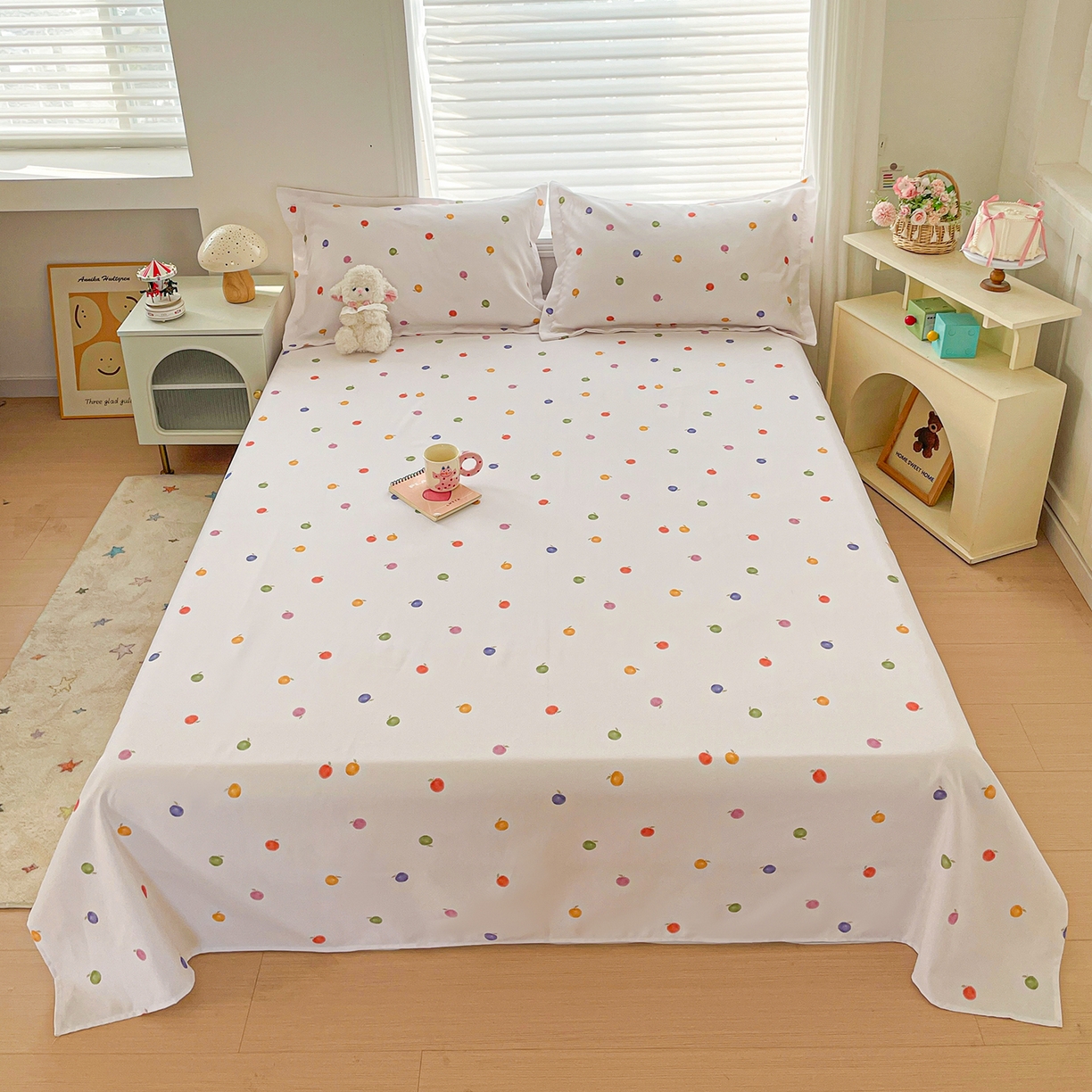 纽缦家纺 2026新款舒适透气细沙卡通印花老粗布床单凉席席子 七彩苹果-米