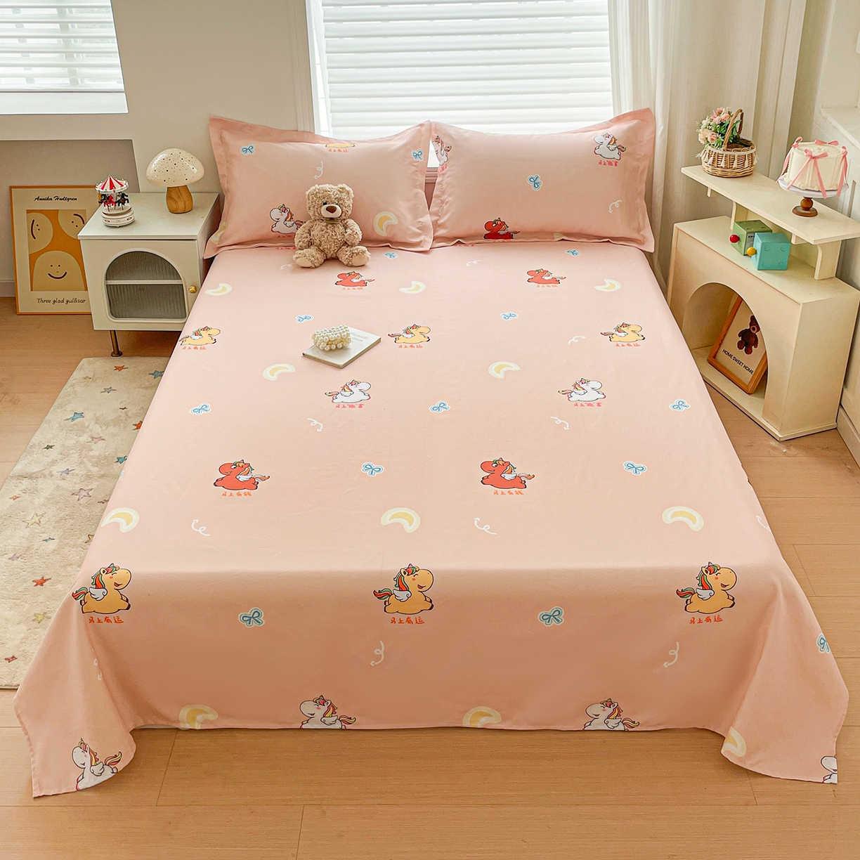 纽缦家纺 2026新款舒适透气细沙卡通印花老粗布床单凉席席子 七彩小马-桔