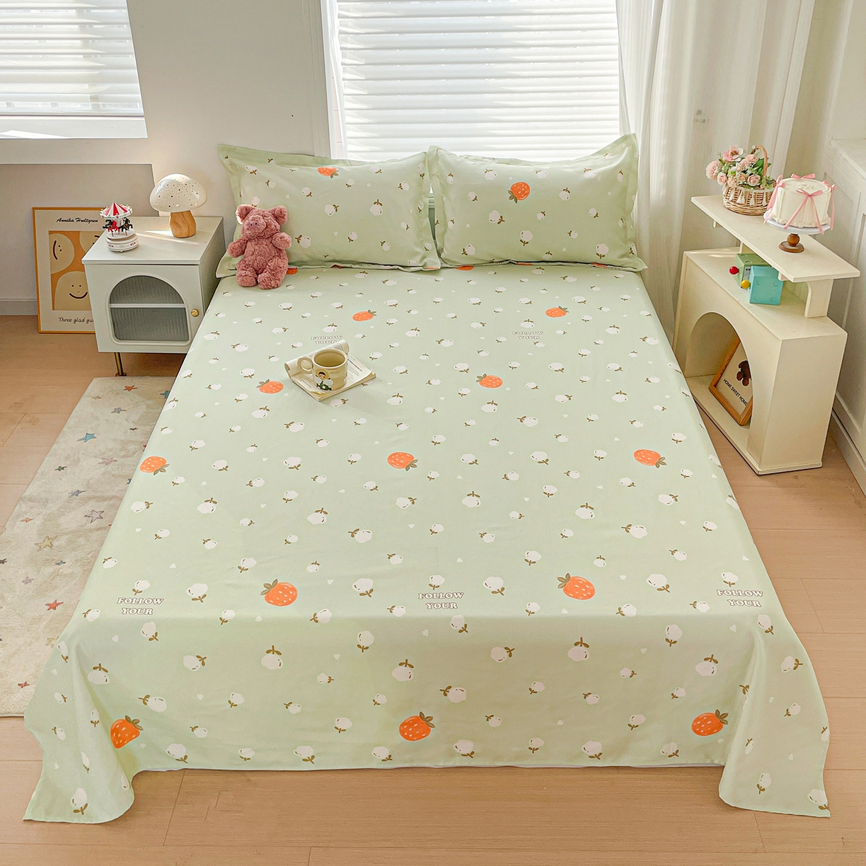 纽缦家纺 2026新款舒适透气细沙卡通印花老粗布床单凉席席子 清香莓果-绿