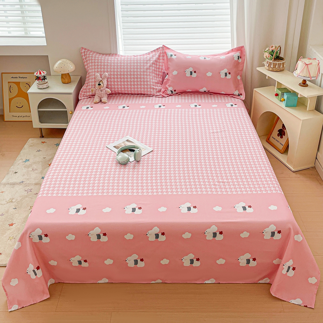 纽缦家纺 2026新款舒适透气细沙卡通印花老粗布床单凉席席子 田园小兔-粉