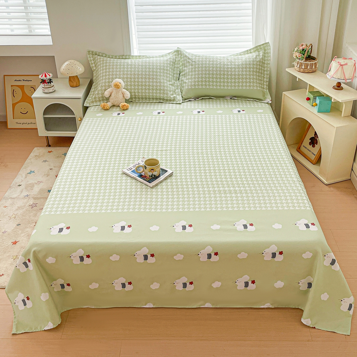 纽缦家纺 2026新款舒适透气细沙卡通印花老粗布床单凉席席子 田园小兔-绿