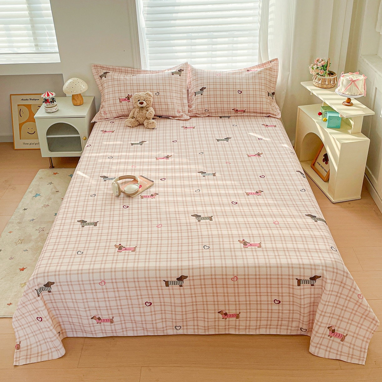 纽缦家纺 2026新款舒适透气细沙卡通印花老粗布床单凉席席子 英伦小狗-粉