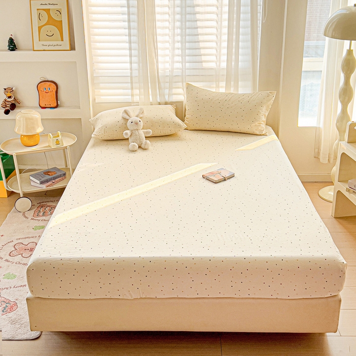 91家纺网 家纺一手货源 找家纺 纽缦家纺 2026春夏新款云感提花双层纱单床笠 床笠单件 波点世界