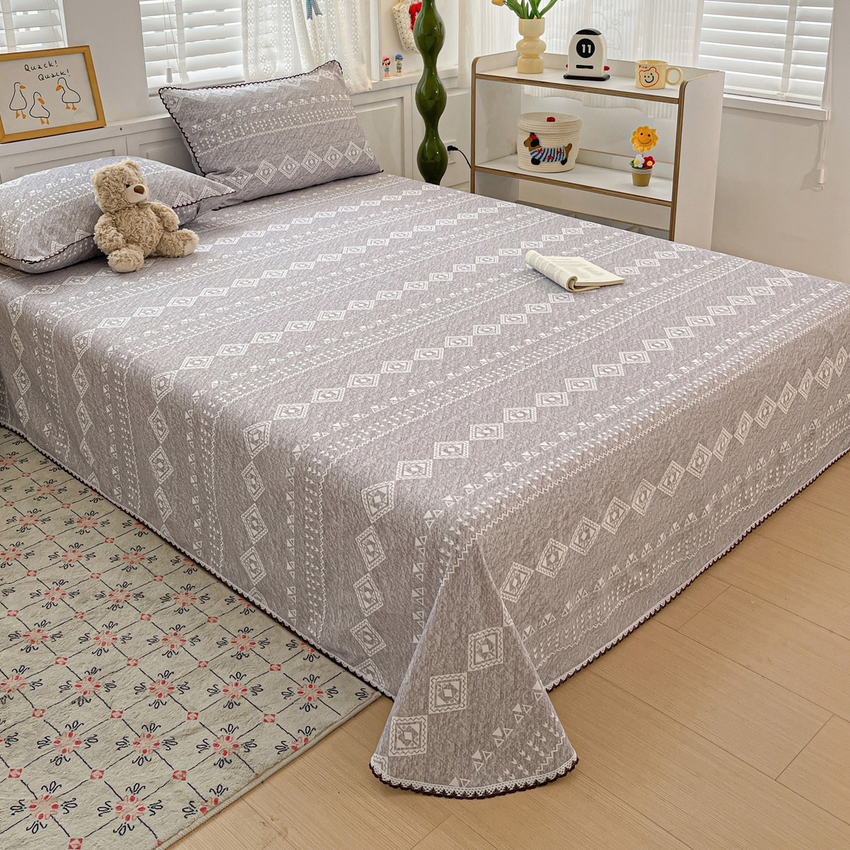 91家纺网 家纺一手货源 找家纺 （总）纽缦家纺 2026新款舒适透气细沙卡通印花花边老粗布床单凉席席子