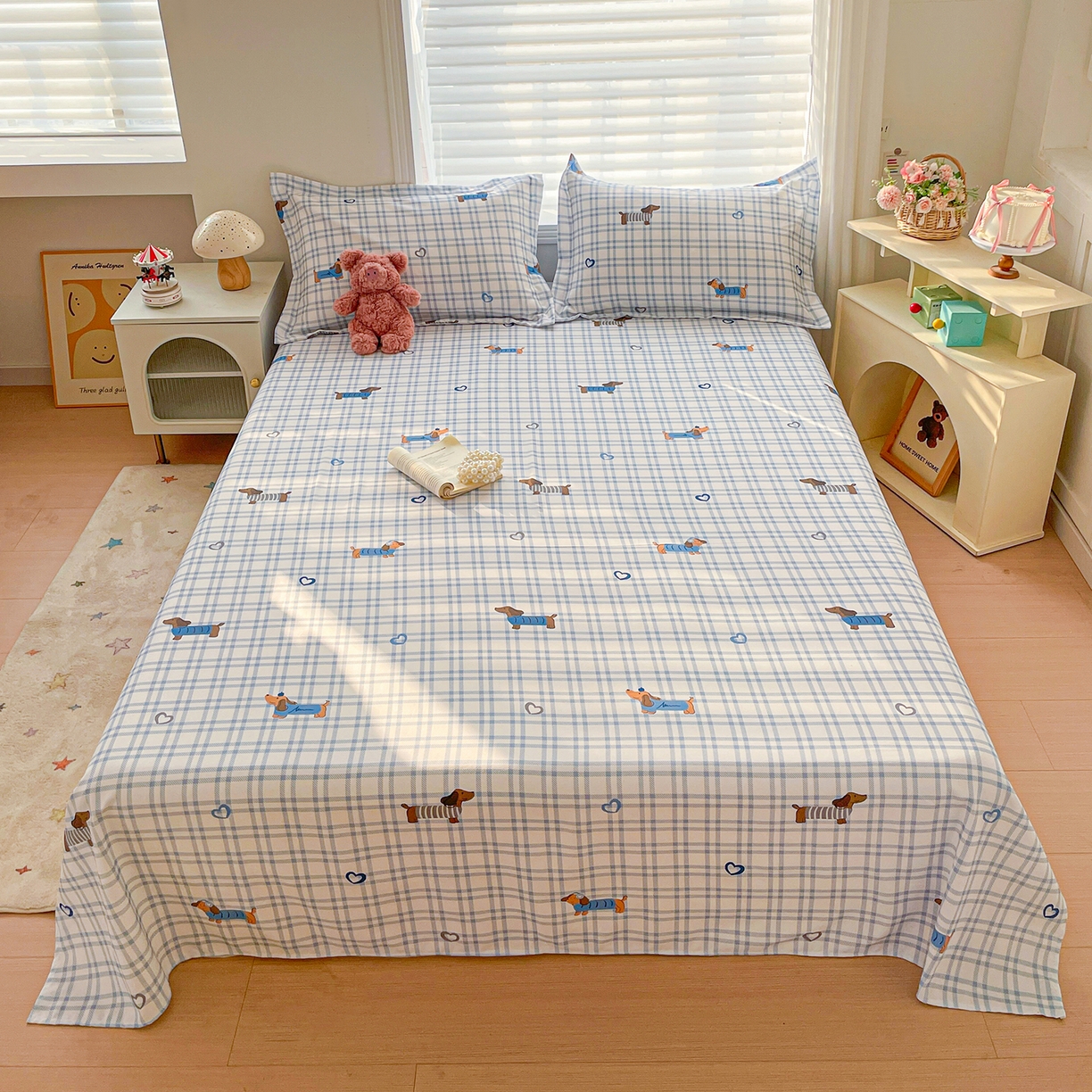 纽缦家纺 2026新款舒适透气细沙卡通印花老粗布床单凉席席子 英伦小狗-蓝