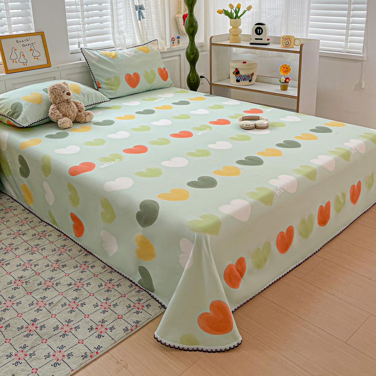 91家纺网 家纺一手货源 找家纺 纽缦家纺 2026新款舒适透气细沙卡通印花花边老粗布床单凉席席子 玛卡爱心-绿