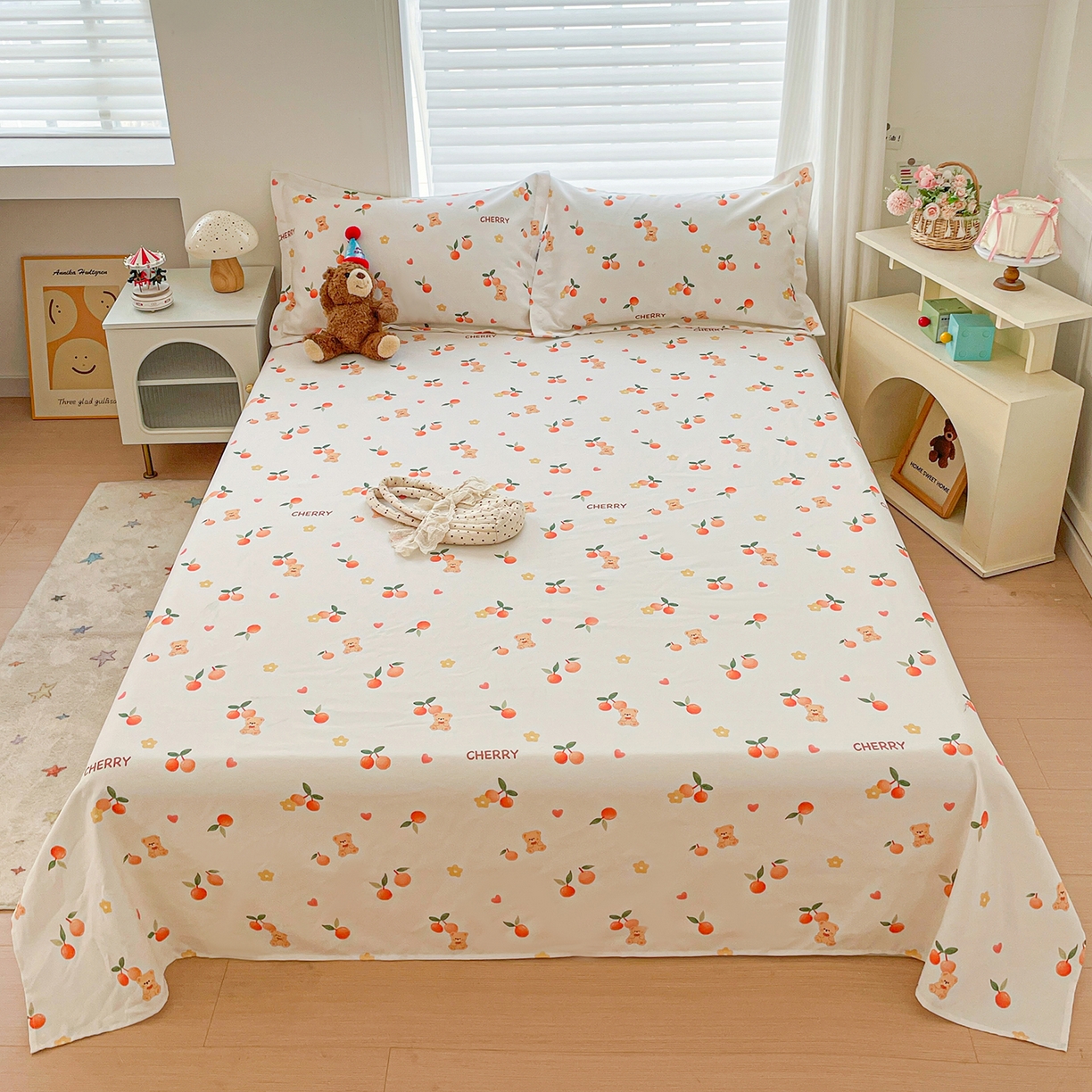 纽缦家纺 2026新款舒适透气细沙卡通印花老粗布床单凉席席子 樱桃熊-米
