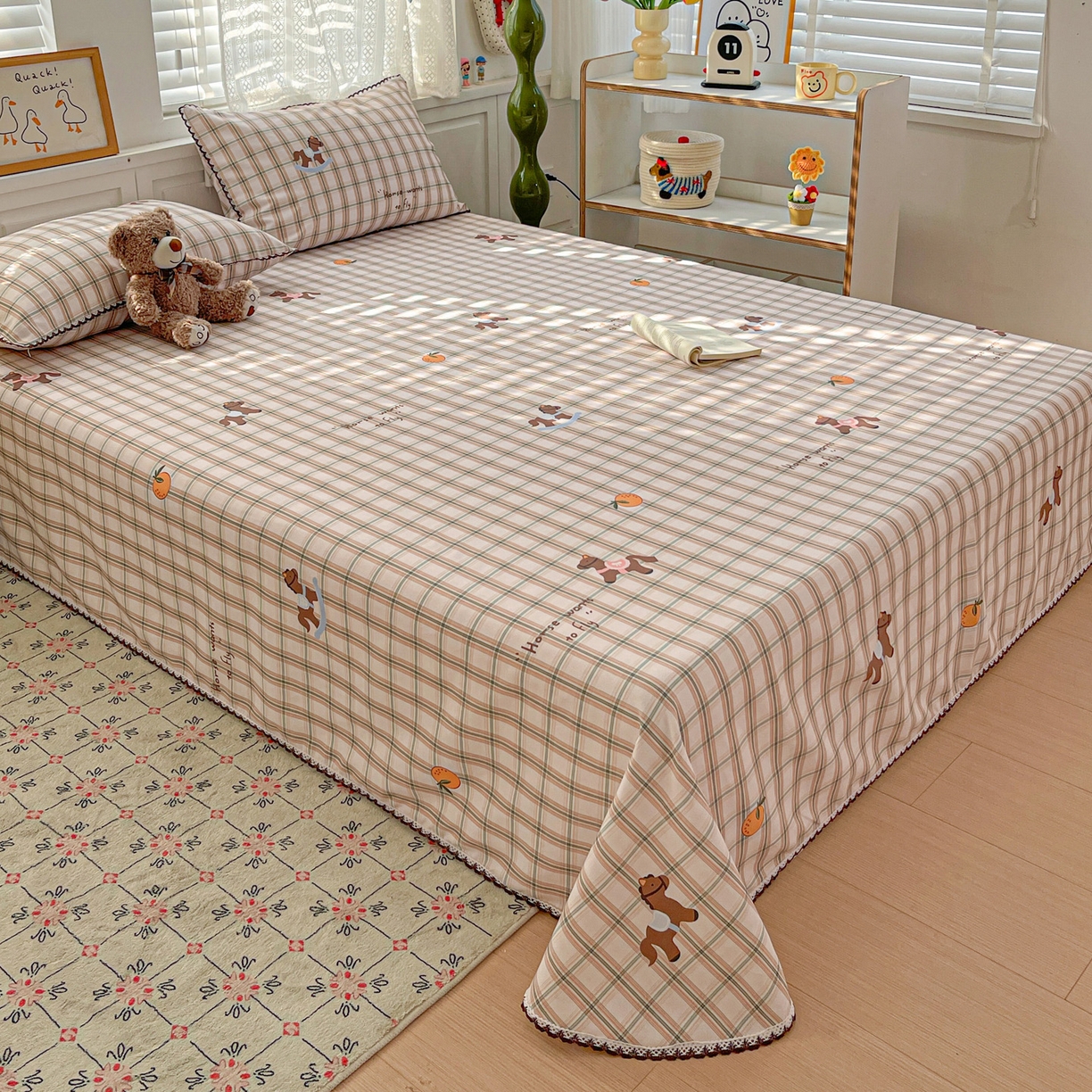 91家纺网 家纺一手货源 找家纺 纽缦家纺 2026新款舒适透气细沙卡通印花花边老粗布床单凉席席子 小木马-咖