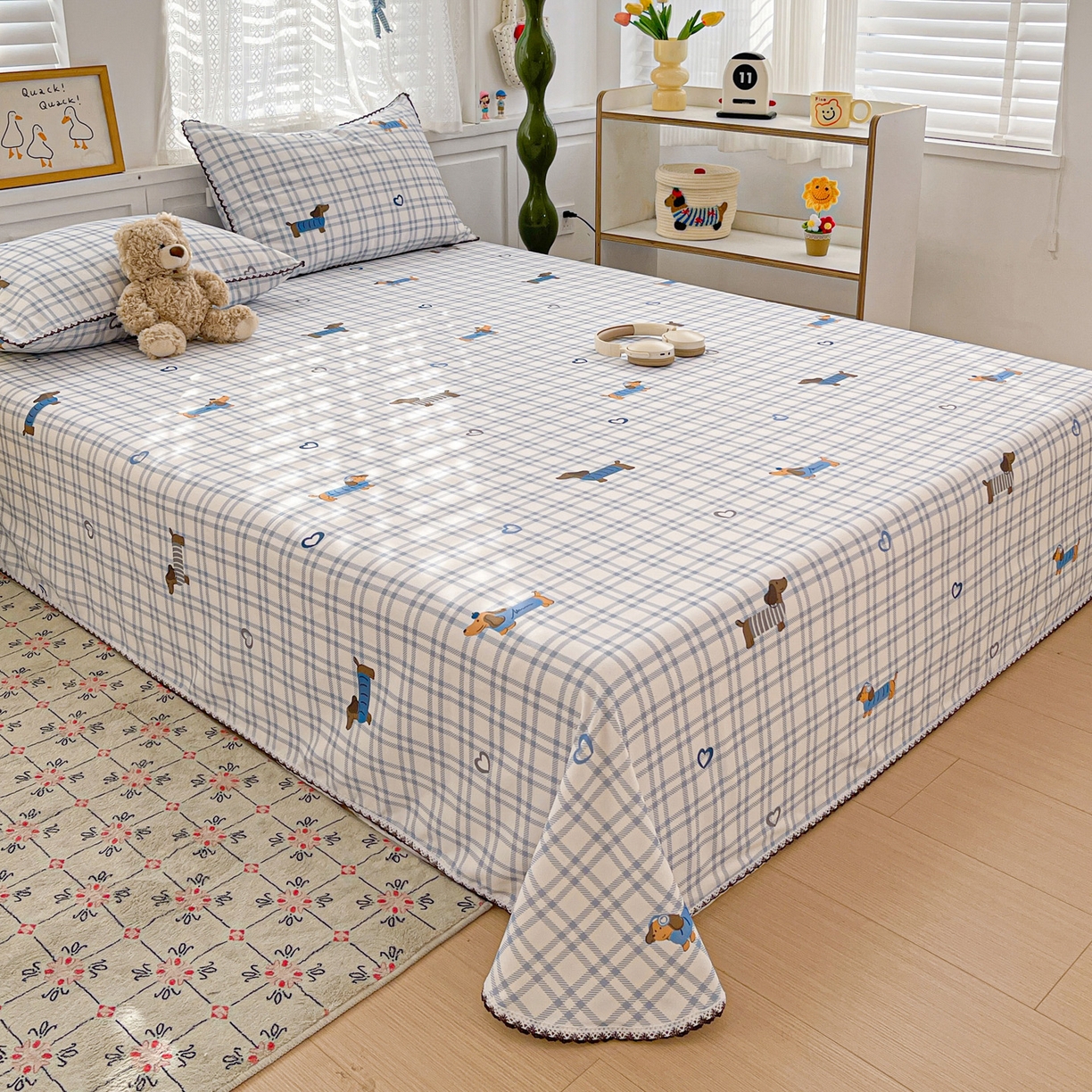 91家纺网 家纺一手货源 找家纺 纽缦家纺 2026新款舒适透气细沙卡通印花花边老粗布床单凉席席子 英伦小狗-蓝