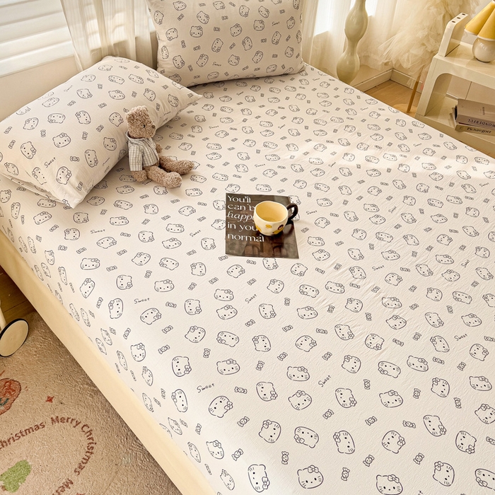 91家纺网 家纺一手货源 找家纺 纽缦家纺 2026春夏新款云感提花双层纱单床笠 床笠单件 猫咪恋人