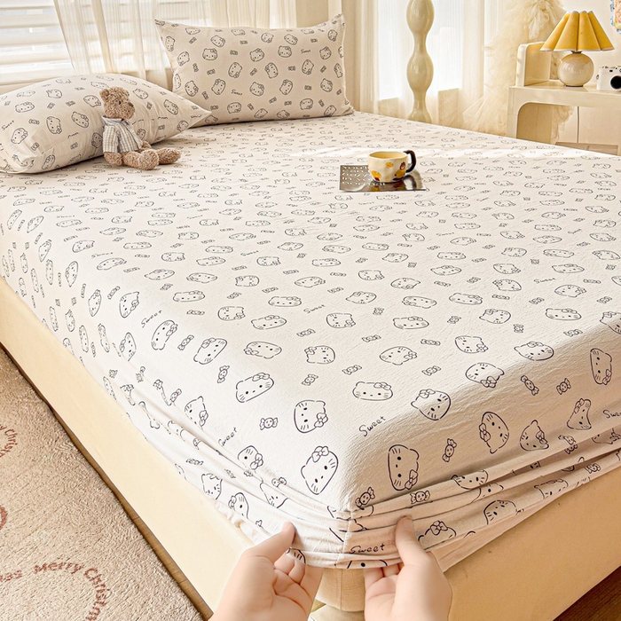 91家纺网 家纺一手货源 找家纺 纽缦家纺 2026春夏新款云感提花双层纱单床笠 床笠单件 猫咪恋人