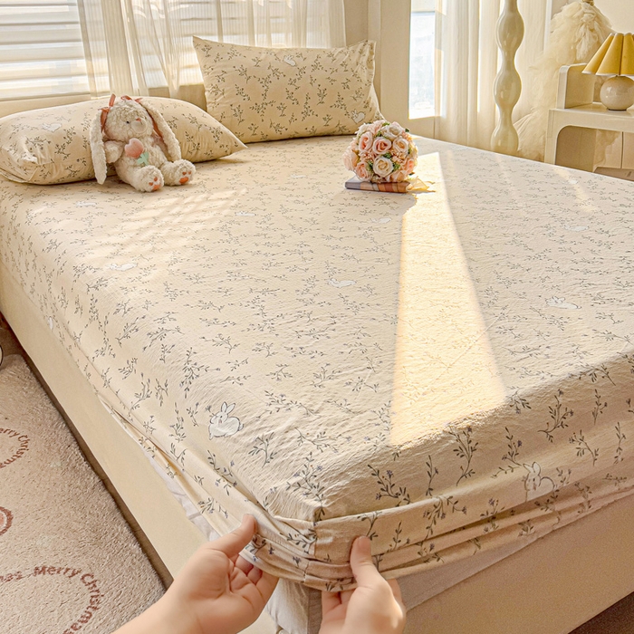 91家纺网 家纺一手货源 找家纺 纽缦家纺 2026春夏新款云感提花双层纱单床笠 床笠单件 森田野园