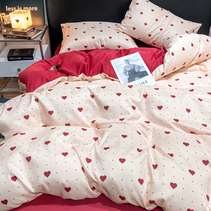 七七家纺 2026新款爱心系列高克重数码印花水洗真丝四件套 爱心-红