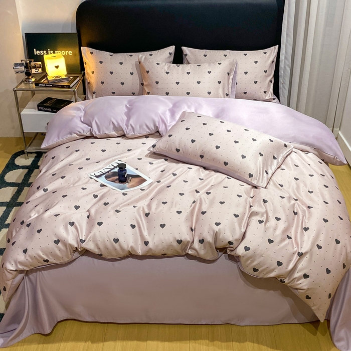 91家纺网 家纺一手货源 找家纺 七七家纺 2026新款爱心系列高克重数码印花水洗真丝四件套 爱心-紫