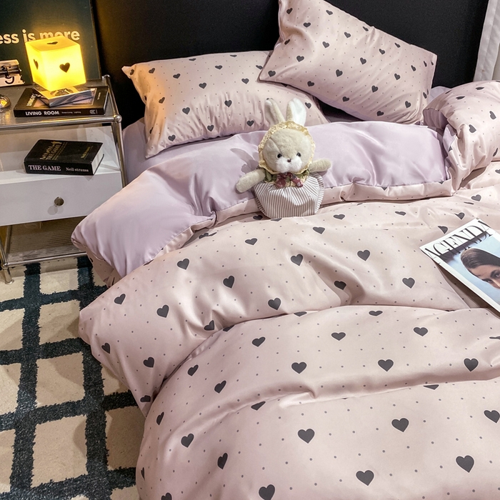 91家纺网 家纺一手货源 找家纺 七七家纺 2026新款爱心系列高克重数码印花水洗真丝四件套 爱心-紫