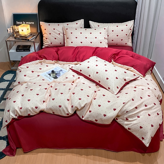 91家纺网 家纺一手货源 找家纺 七七家纺 2026新款爱心系列高克重数码印花水洗真丝四件套 爱心-红