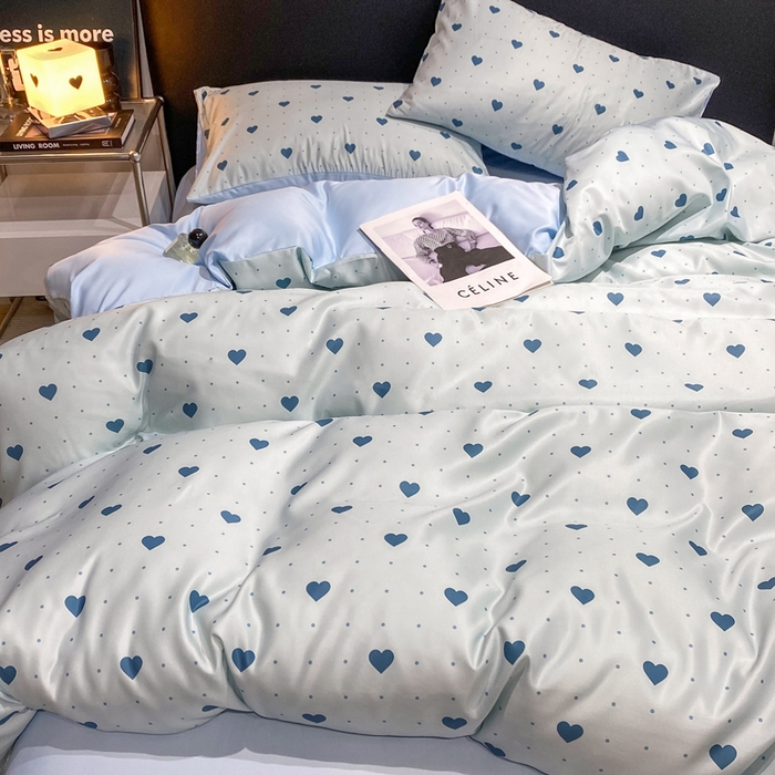七七家纺 2026新款爱心系列高克重数码印花水洗真丝四件套 爱心-蓝