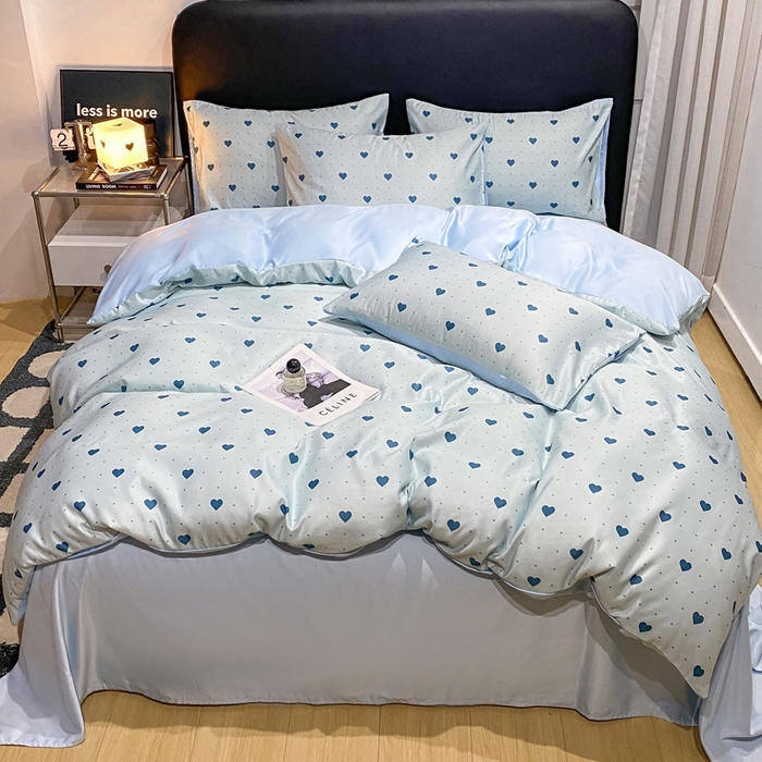 91家纺网 家纺一手货源 找家纺 七七家纺 2026新款爱心系列高克重数码印花水洗真丝四件套 爱心-蓝