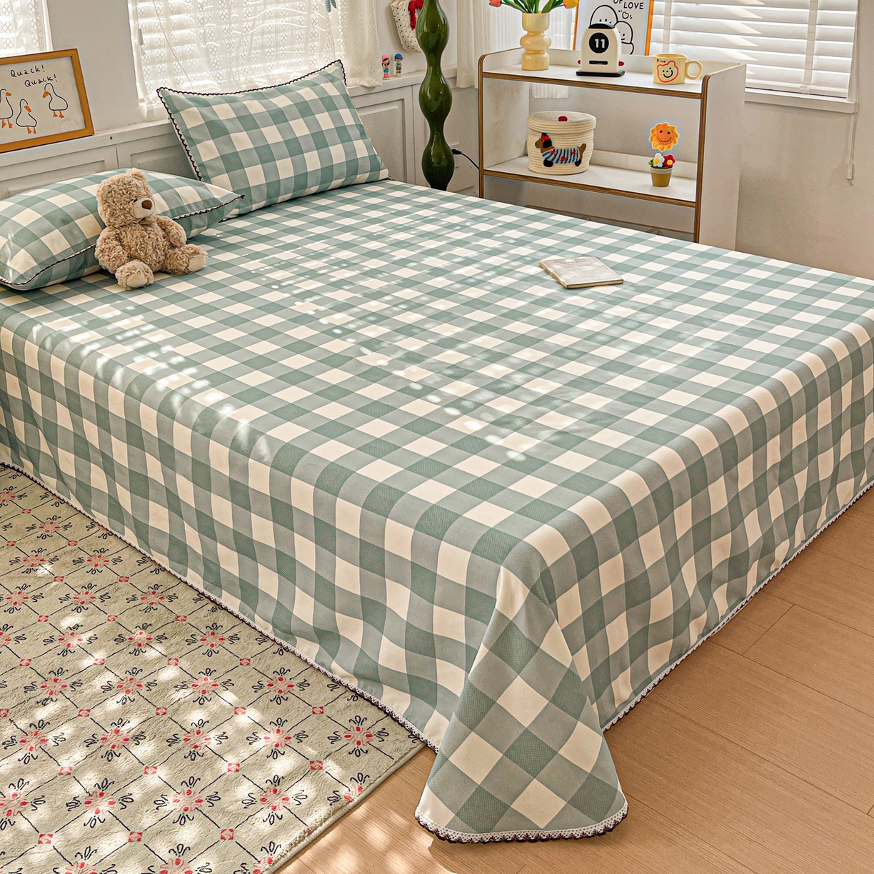 纽缦家纺 2026新款舒适透气细沙卡通印花花边老粗布床单凉席席子 格子世界-绿