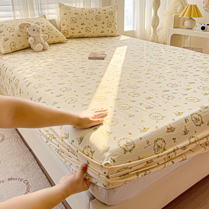 纽缦家纺 2026春夏新款云感提花双层纱单床笠 床笠单件 兔子的欢喜