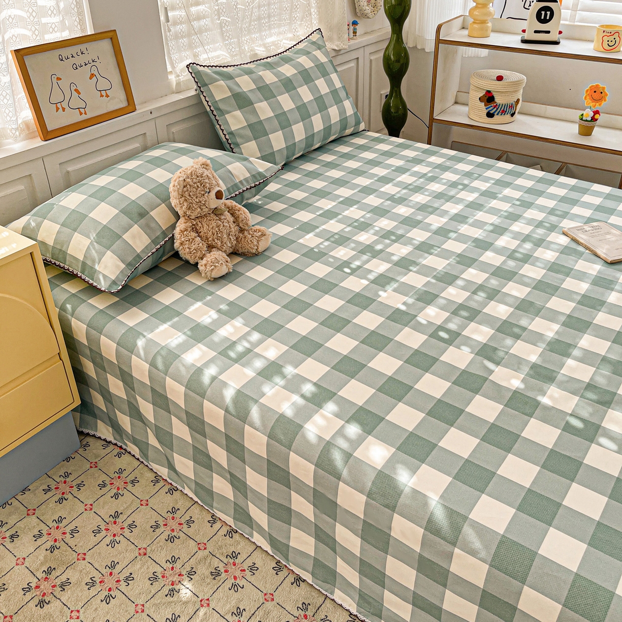 91家纺网 家纺一手货源 找家纺 纽缦家纺 2026新款舒适透气细沙卡通印花花边老粗布床单凉席席子 格子世界-绿