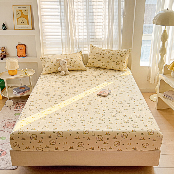 91家纺网 家纺一手货源 找家纺 纽缦家纺 2026春夏新款云感提花双层纱单床笠 床笠单件 兔子的欢喜