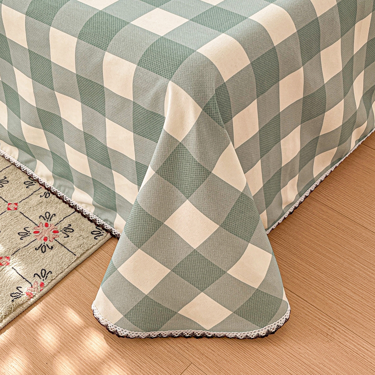 91家纺网 家纺一手货源 找家纺 纽缦家纺 2026新款舒适透气细沙卡通印花花边老粗布床单凉席席子 格子世界-绿