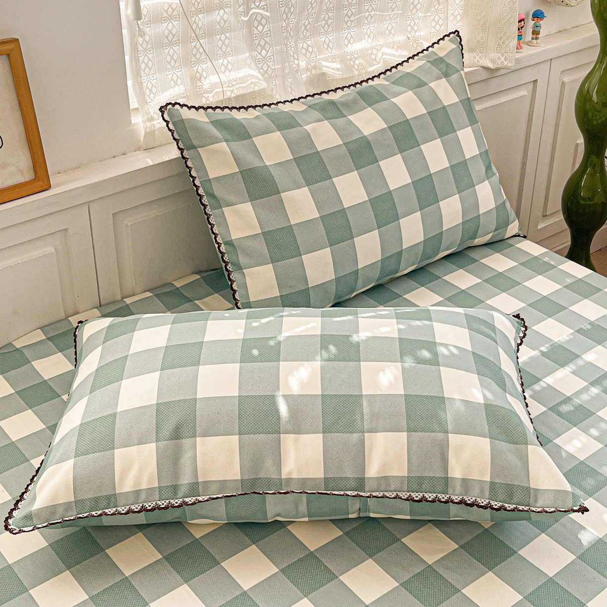 91家纺网 家纺一手货源 找家纺 纽缦家纺 2026新款舒适透气细沙卡通印花花边老粗布床单凉席席子 格子世界-绿