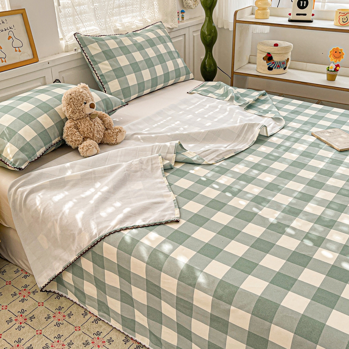 91家纺网 家纺一手货源 找家纺 纽缦家纺 2026新款舒适透气细沙卡通印花花边老粗布床单凉席席子 格子世界-绿