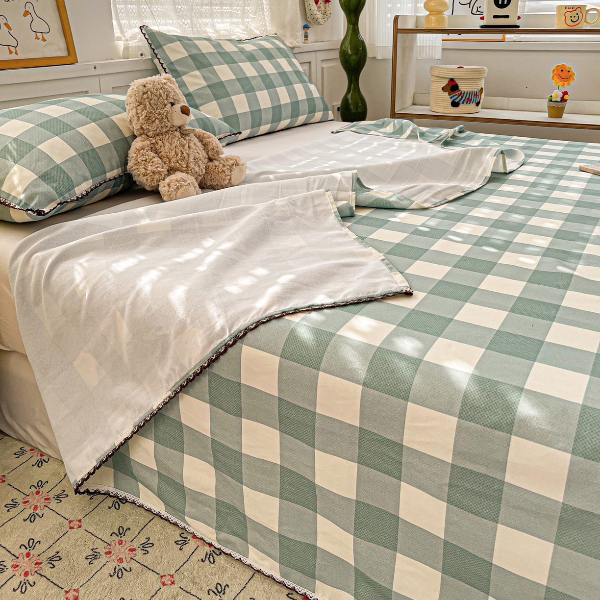 91家纺网 家纺一手货源 找家纺 纽缦家纺 2026新款舒适透气细沙卡通印花花边老粗布床单凉席席子 格子世界-绿