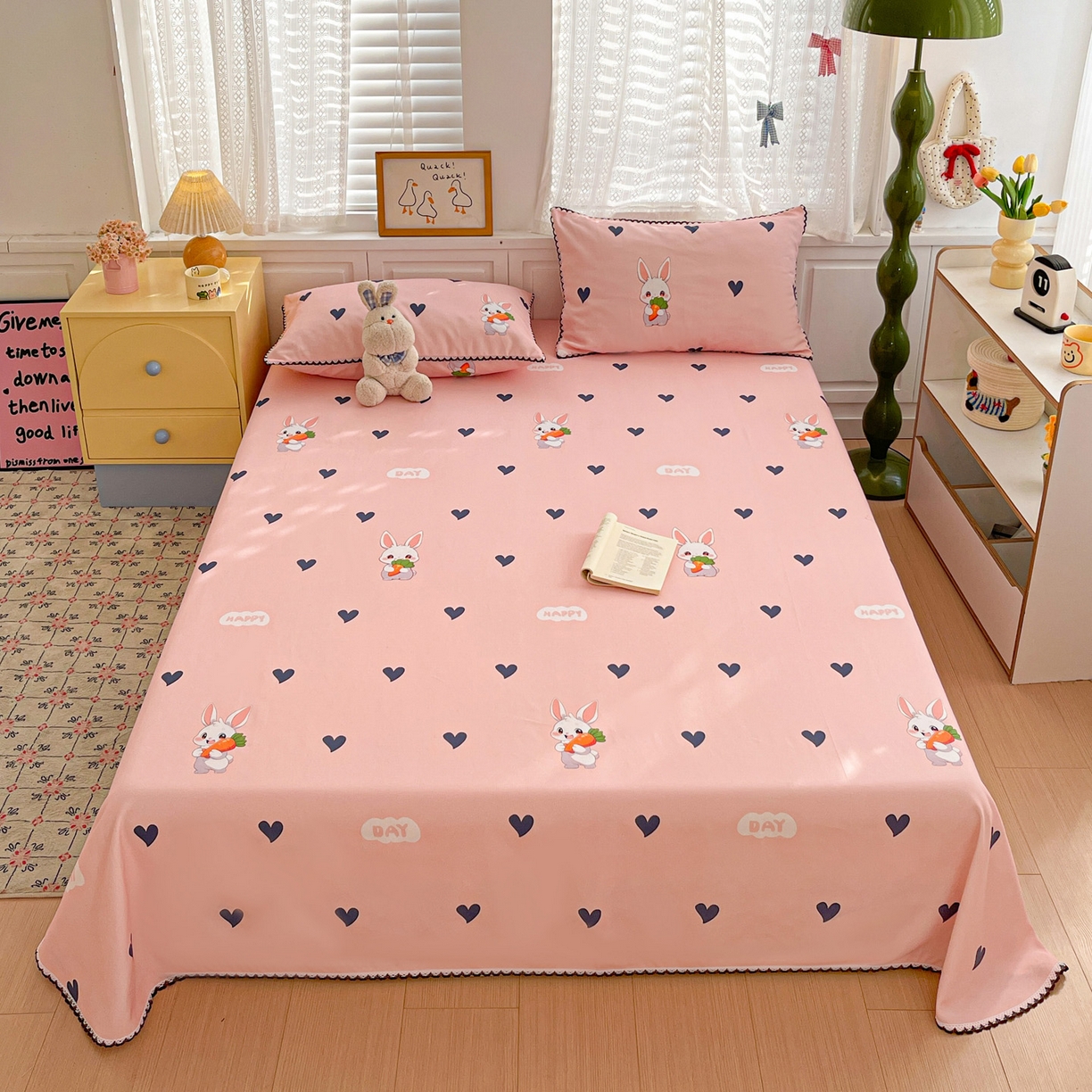 91家纺网 家纺一手货源 找家纺 纽缦家纺 2026新款舒适透气细沙卡通印花花边老粗布床单凉席席子 胡萝卜兔-粉