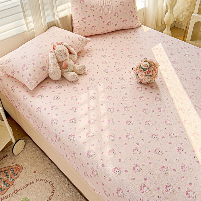 91家纺网 家纺一手货源 找家纺 纽缦家纺 2026春夏新款云感提花双层纱单床笠 床笠单件 小鸥鸥