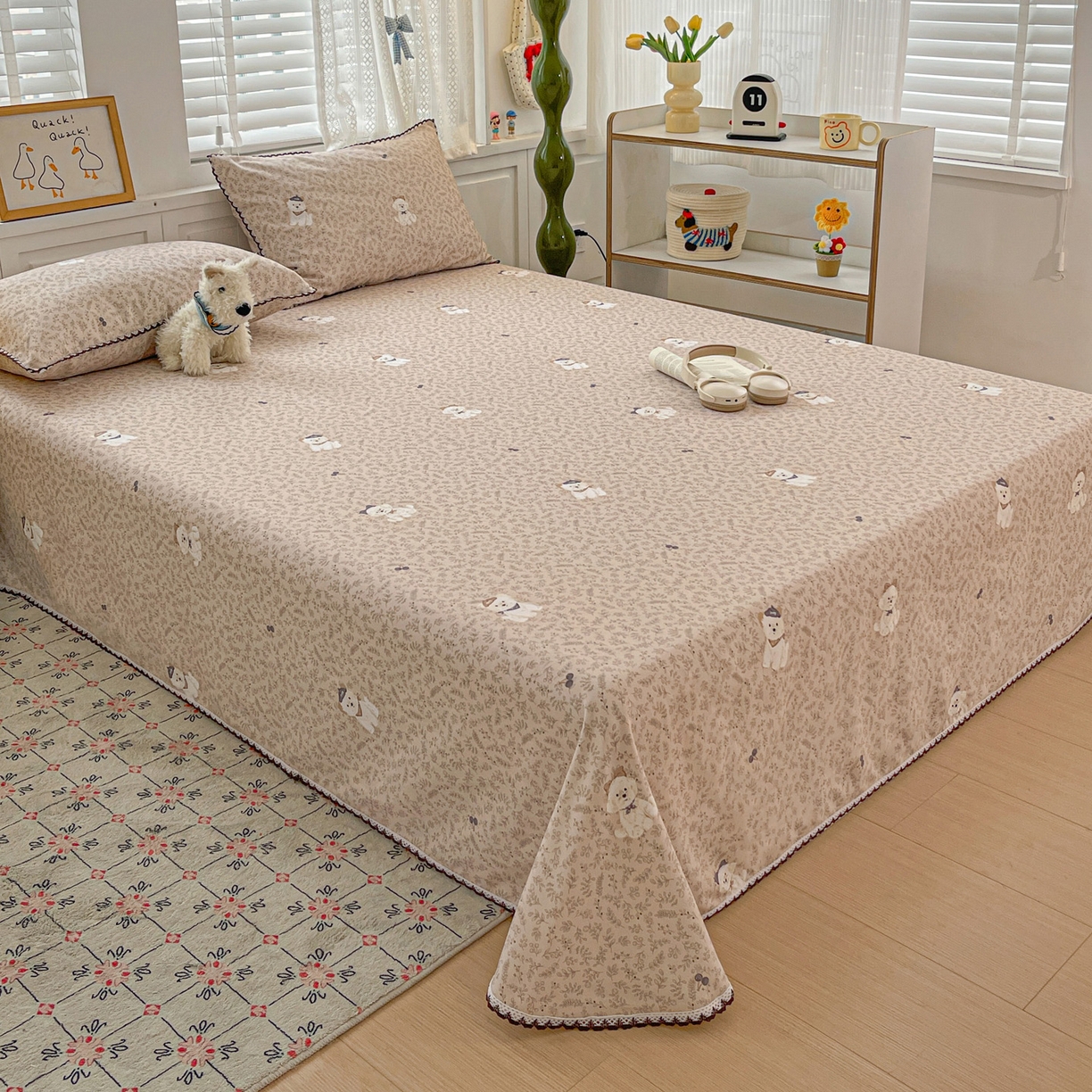 纽缦家纺 2026新款舒适透气细沙卡通印花花边老粗布床单凉席席子 花漾小狗-咖