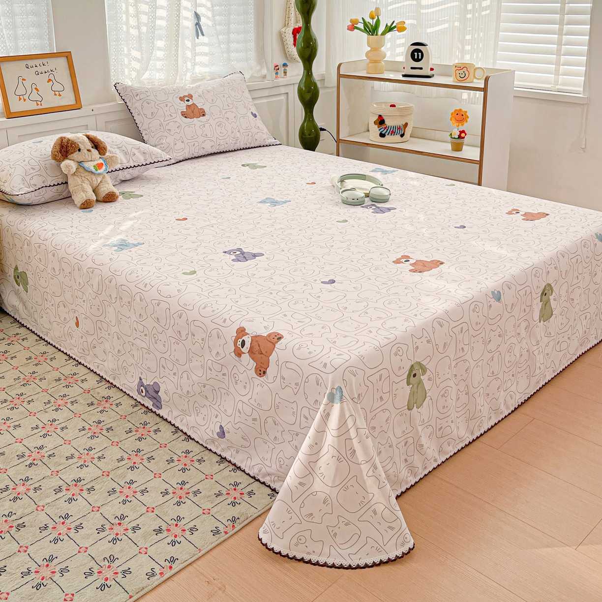 纽缦家纺 2026新款舒适透气细沙卡通印花花边老粗布床单凉席席子 卡洛熊-灰