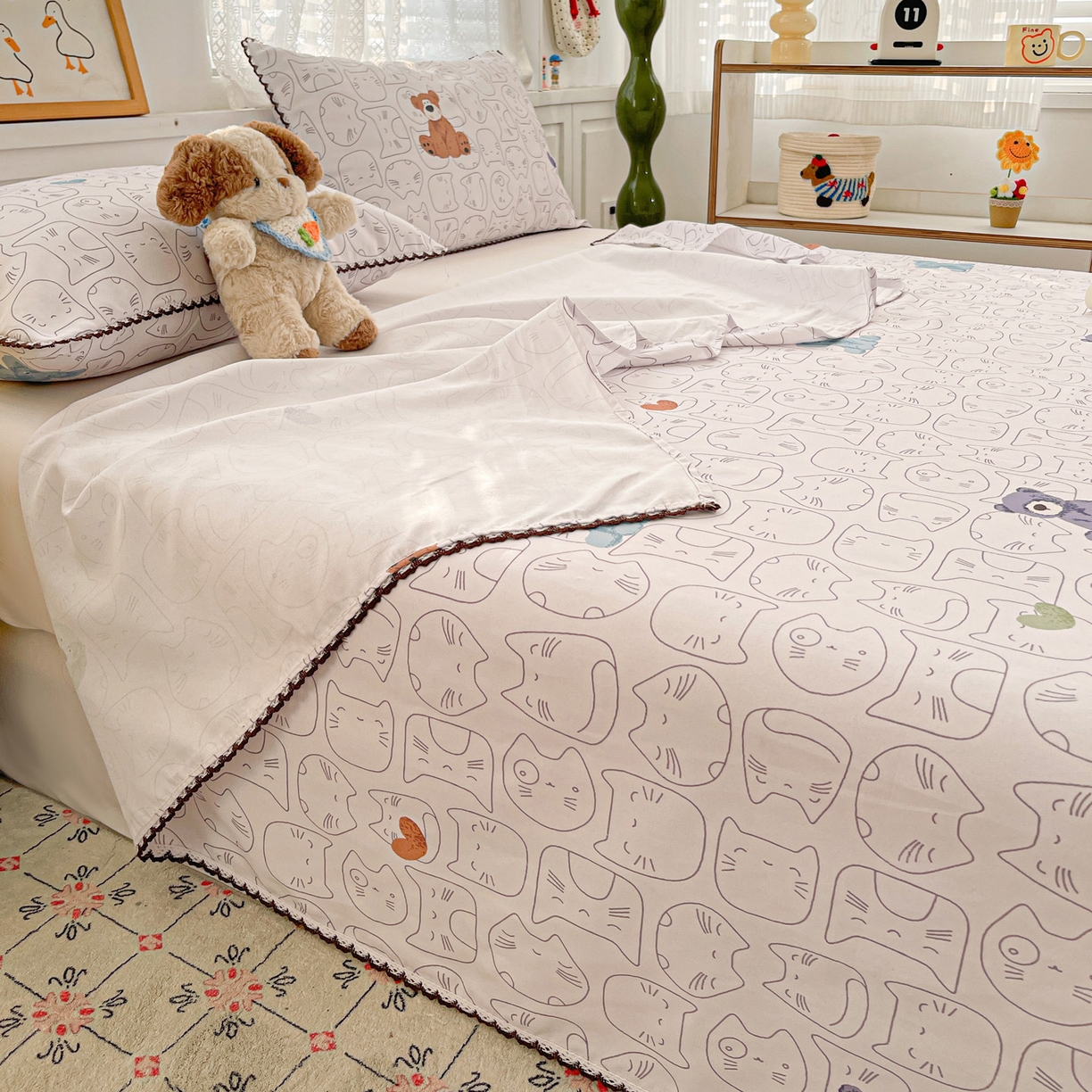 91家纺网 家纺一手货源 找家纺 纽缦家纺 2026新款舒适透气细沙卡通印花花边老粗布床单凉席席子 卡洛熊-灰