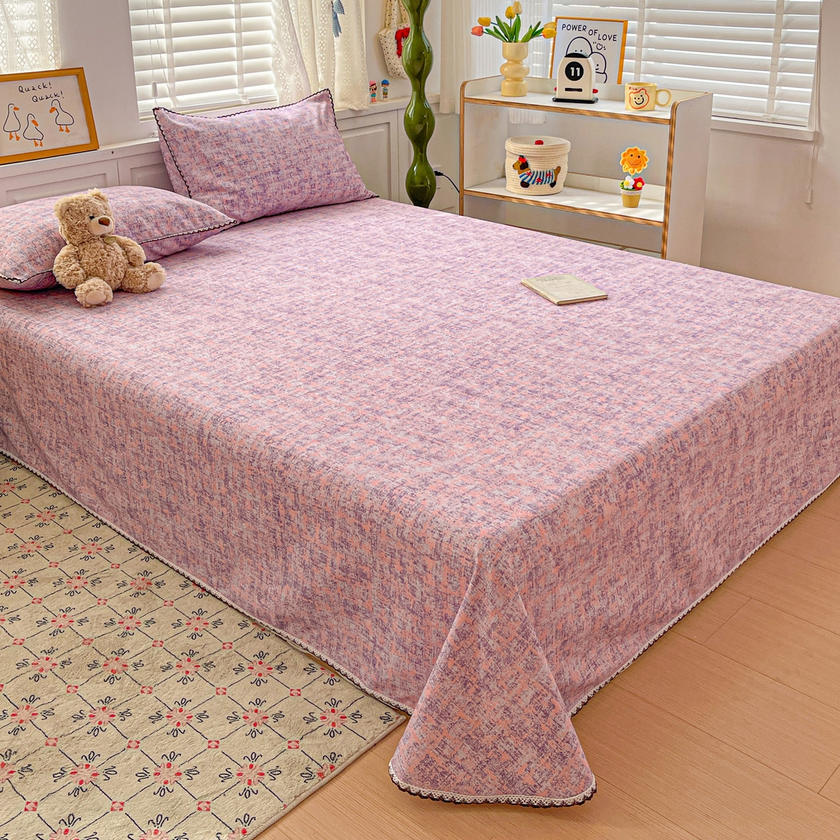 纽缦家纺 2026新款舒适透气细沙卡通印花花边老粗布床单凉席席子 洛文-紫