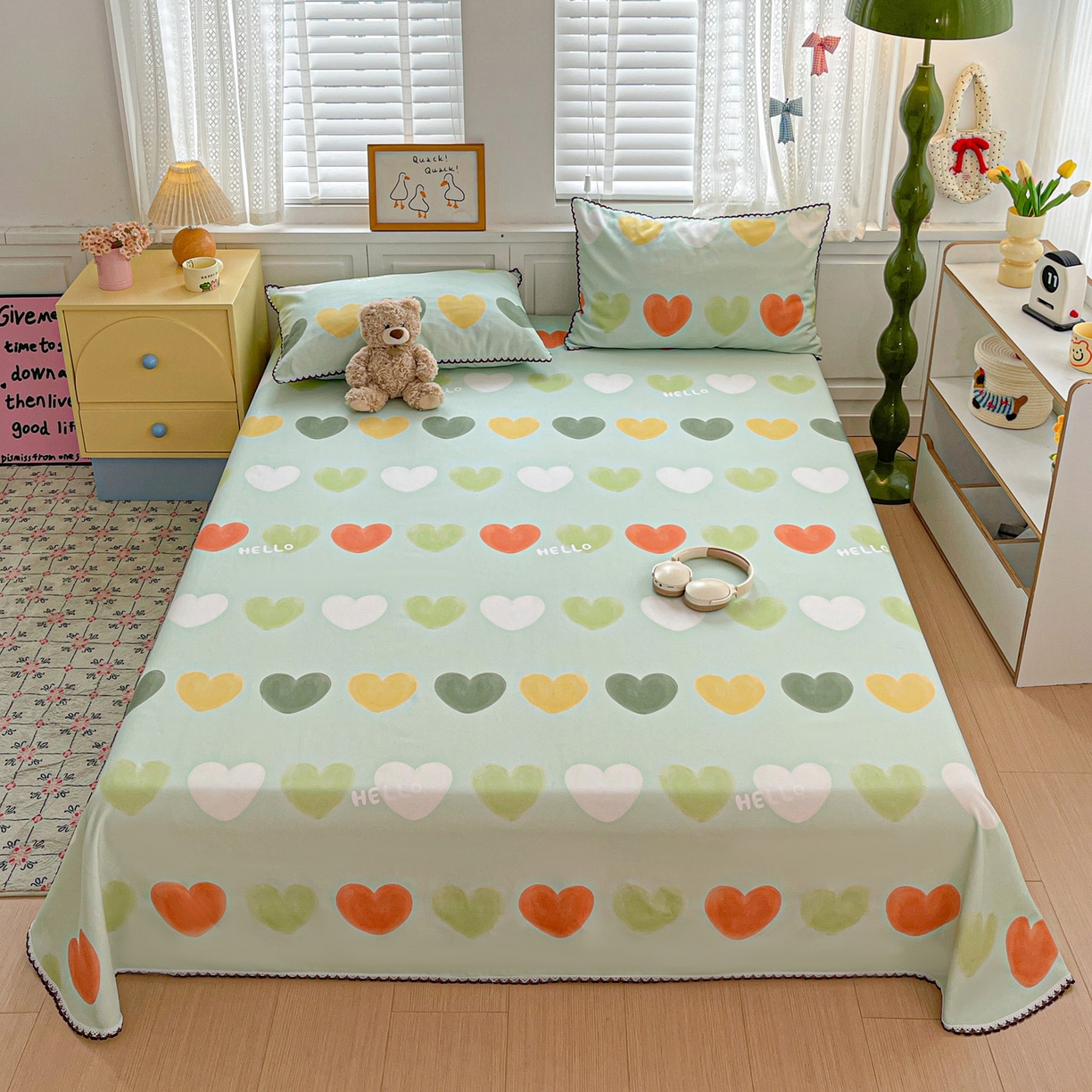 91家纺网 家纺一手货源 找家纺 纽缦家纺 2026新款舒适透气细沙卡通印花花边老粗布床单凉席席子 玛卡爱心-绿