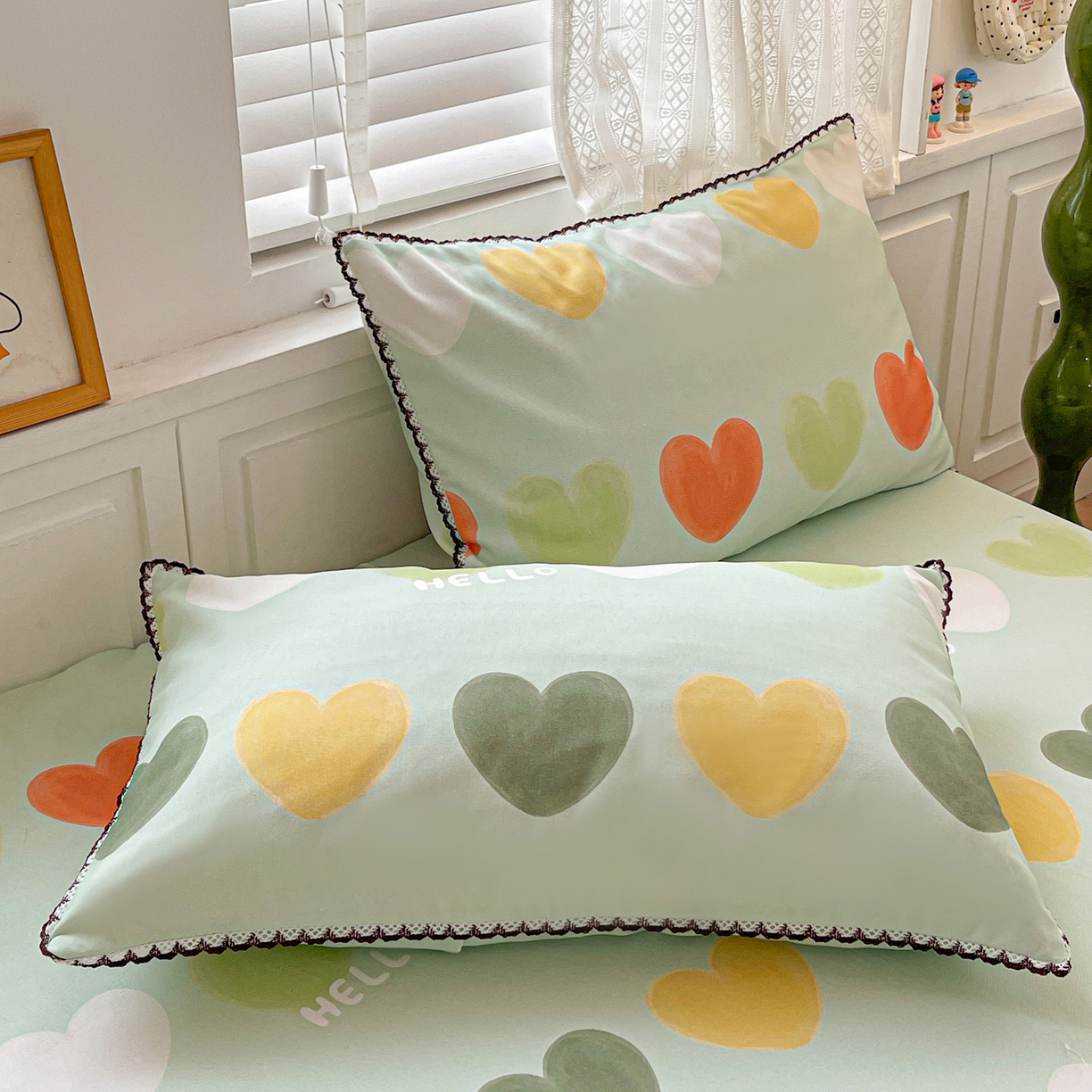 91家纺网 家纺一手货源 找家纺 纽缦家纺 2026新款舒适透气细沙卡通印花花边老粗布床单凉席席子 玛卡爱心-绿