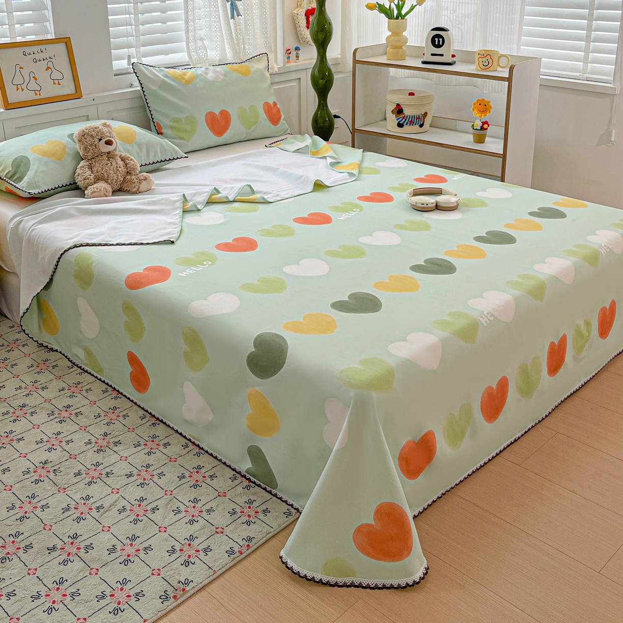 91家纺网 家纺一手货源 找家纺 纽缦家纺 2026新款舒适透气细沙卡通印花花边老粗布床单凉席席子 玛卡爱心-绿