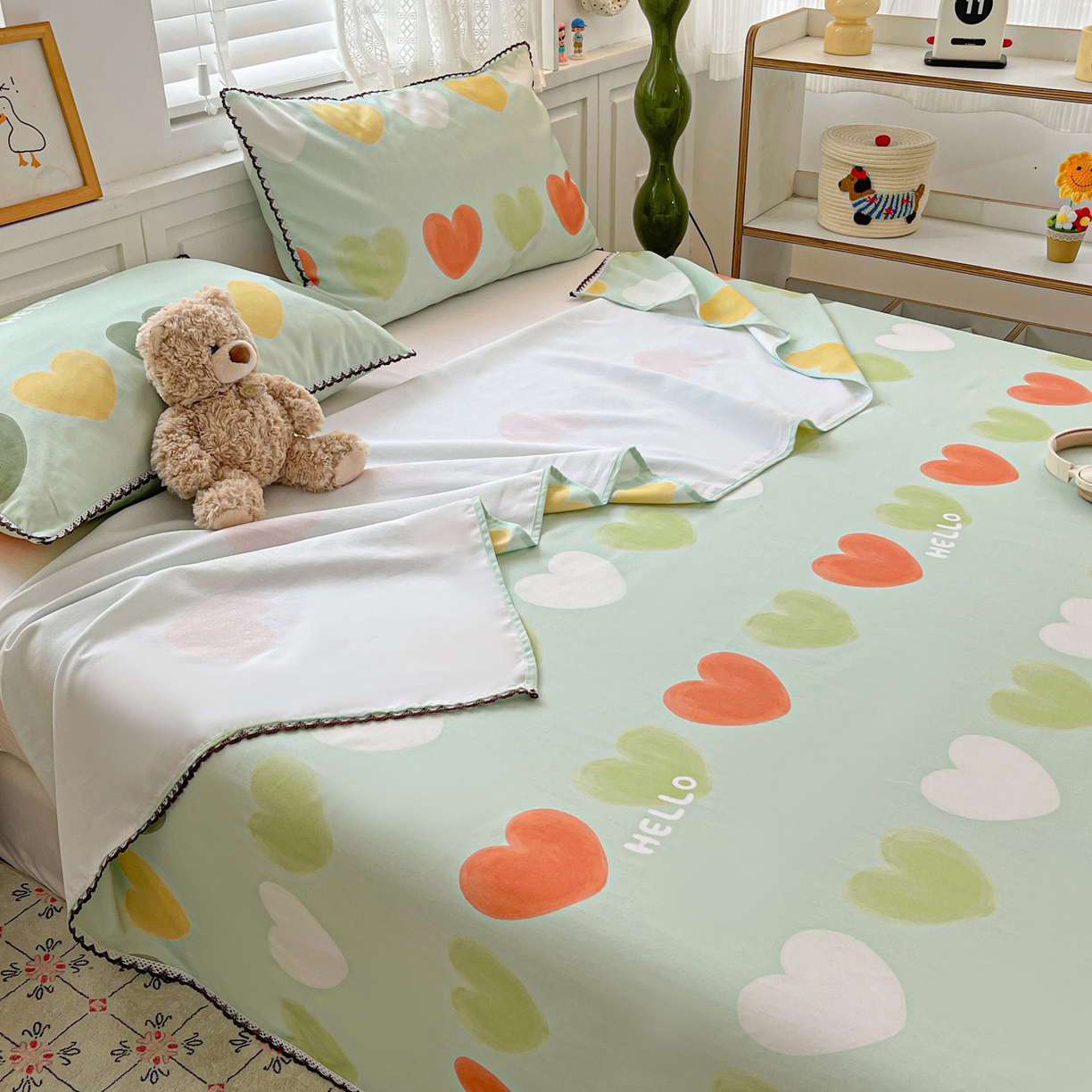 91家纺网 家纺一手货源 找家纺 纽缦家纺 2026新款舒适透气细沙卡通印花花边老粗布床单凉席席子 玛卡爱心-绿