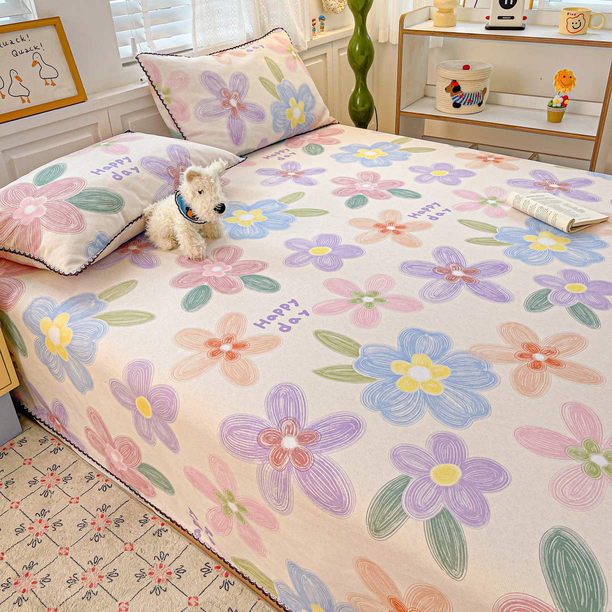 91家纺网 家纺一手货源 找家纺 纽缦家纺 2026新款舒适透气细沙卡通印花花边老粗布床单凉席席子 迷彩花瓣-米