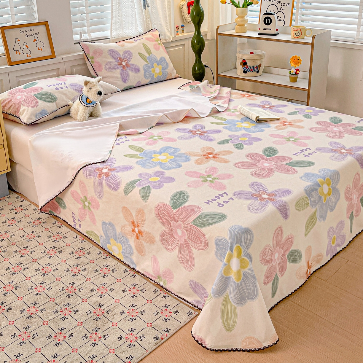 91家纺网 家纺一手货源 找家纺 纽缦家纺 2026新款舒适透气细沙卡通印花花边老粗布床单凉席席子 迷彩花瓣-米