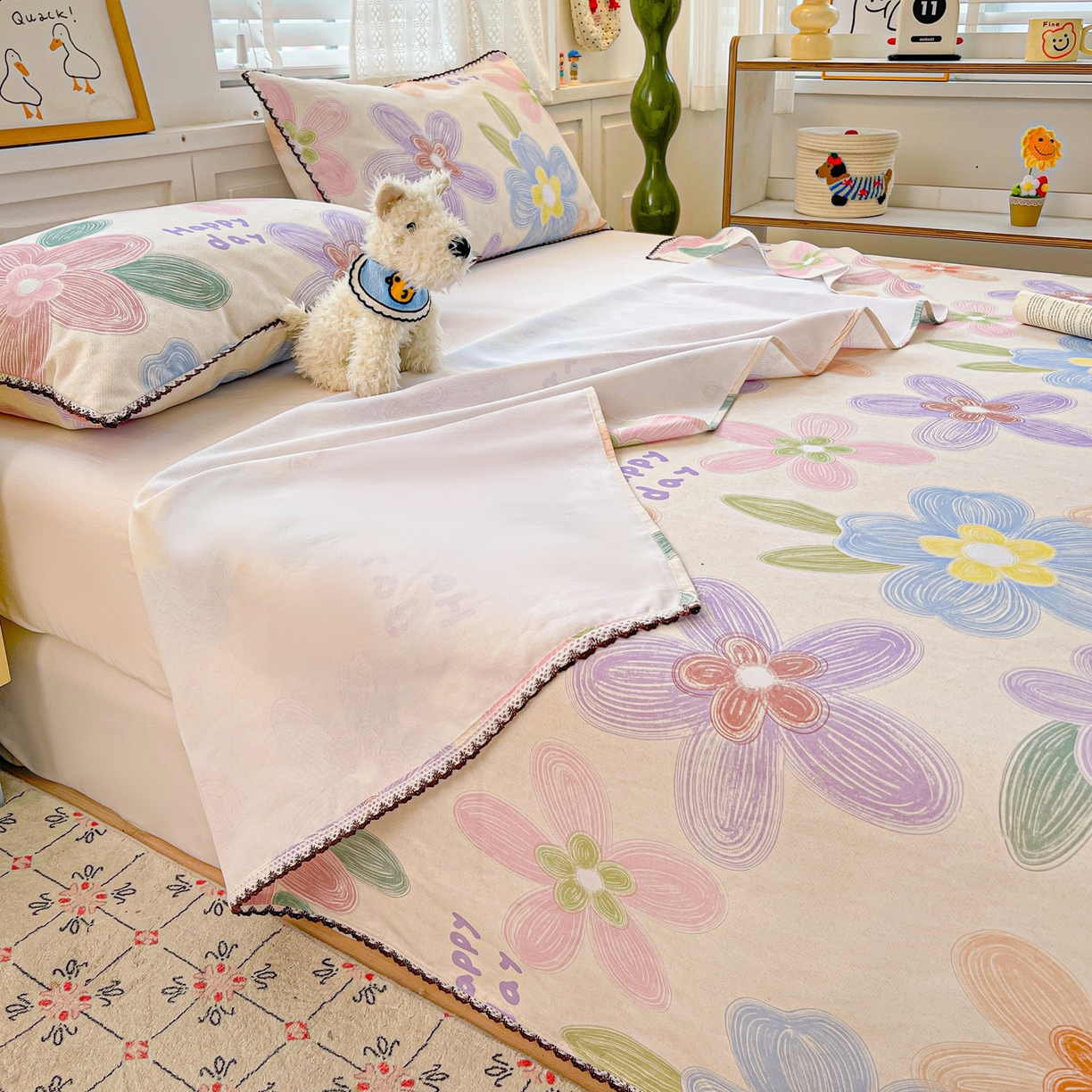 91家纺网 家纺一手货源 找家纺 纽缦家纺 2026新款舒适透气细沙卡通印花花边老粗布床单凉席席子 迷彩花瓣-米