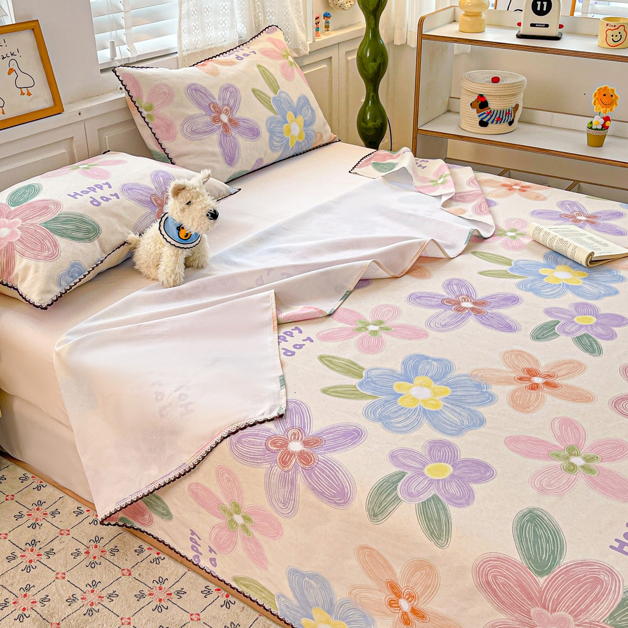 91家纺网 家纺一手货源 找家纺 纽缦家纺 2026新款舒适透气细沙卡通印花花边老粗布床单凉席席子 迷彩花瓣-米