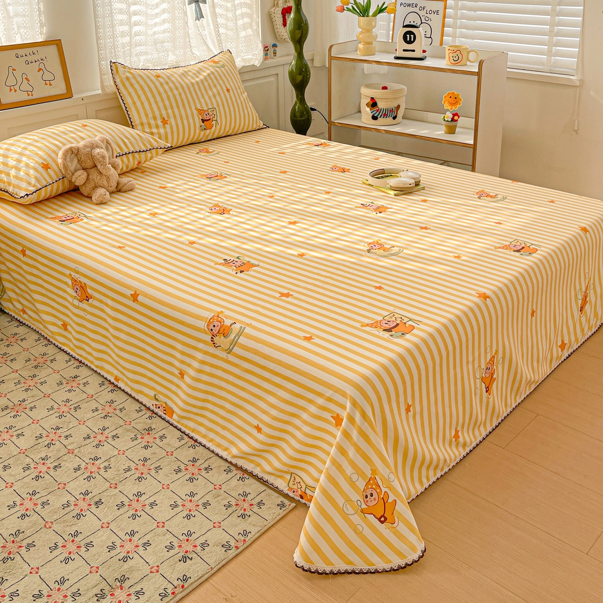 纽缦家纺 2026新款舒适透气细沙卡通印花花边老粗布床单凉席席子 魔法星空-黄