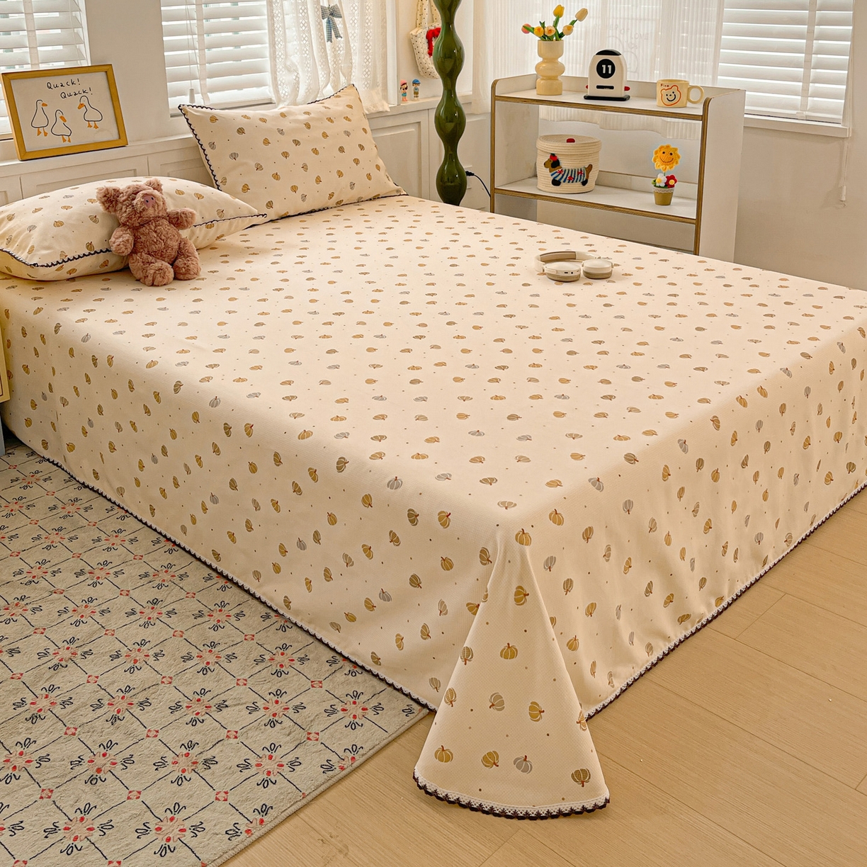 纽缦家纺 2026新款舒适透气细沙卡通印花花边老粗布床单凉席席子 南瓜集市-桔