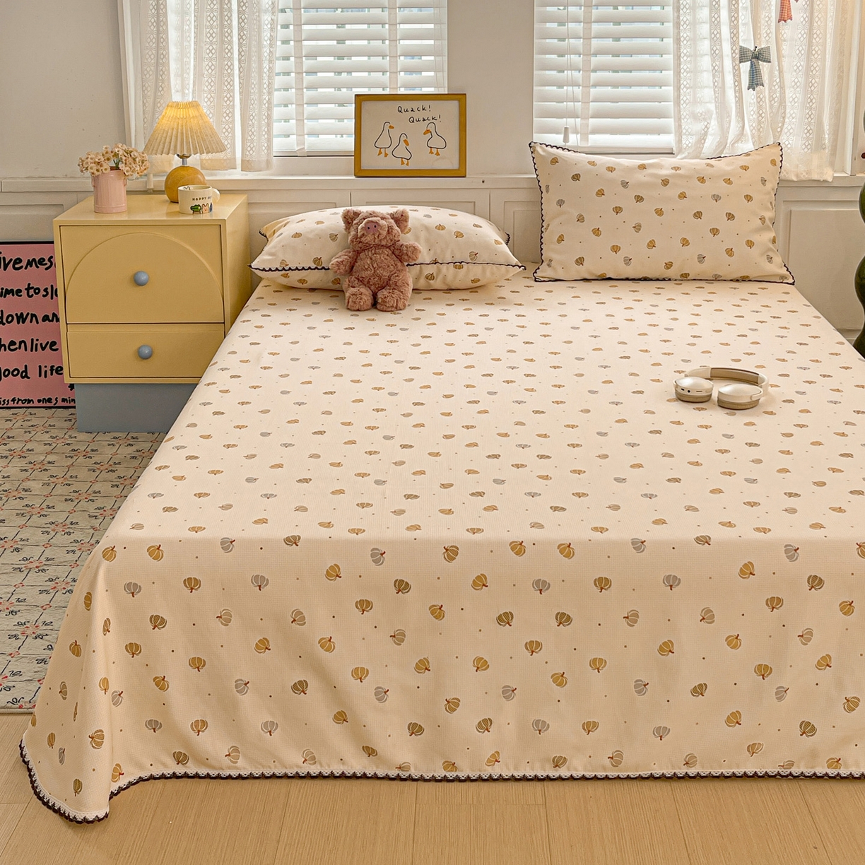 91家纺网 家纺一手货源 找家纺 纽缦家纺 2026新款舒适透气细沙卡通印花花边老粗布床单凉席席子 南瓜集市-桔