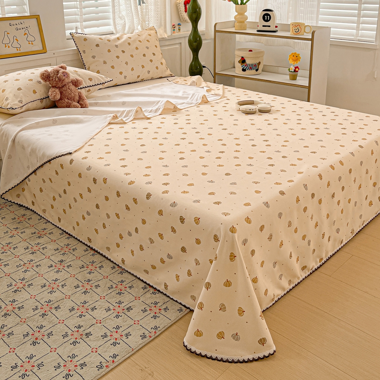 91家纺网 家纺一手货源 找家纺 纽缦家纺 2026新款舒适透气细沙卡通印花花边老粗布床单凉席席子 南瓜集市-桔